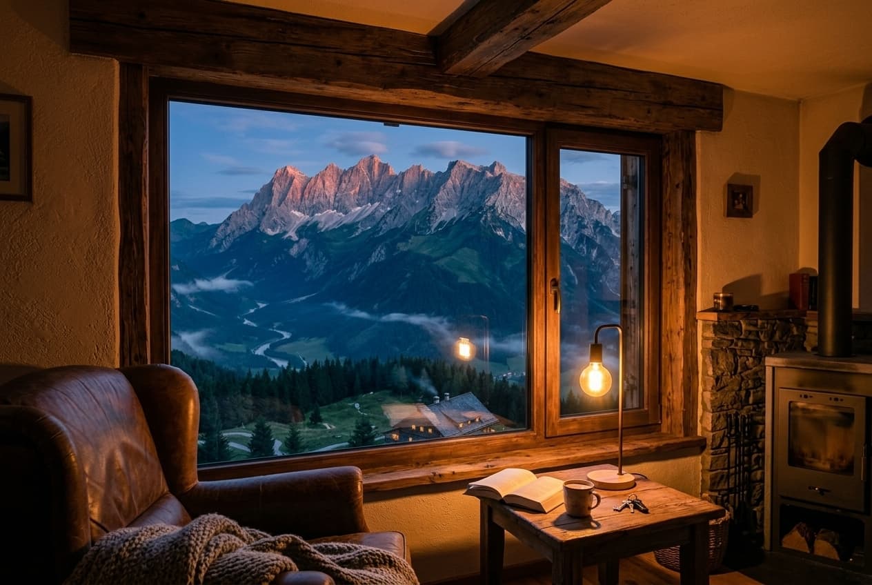 Gemütlicher Wohnbereich mit Holzbalken, warmem Lampenlicht und Bergblick in der Dämmerung