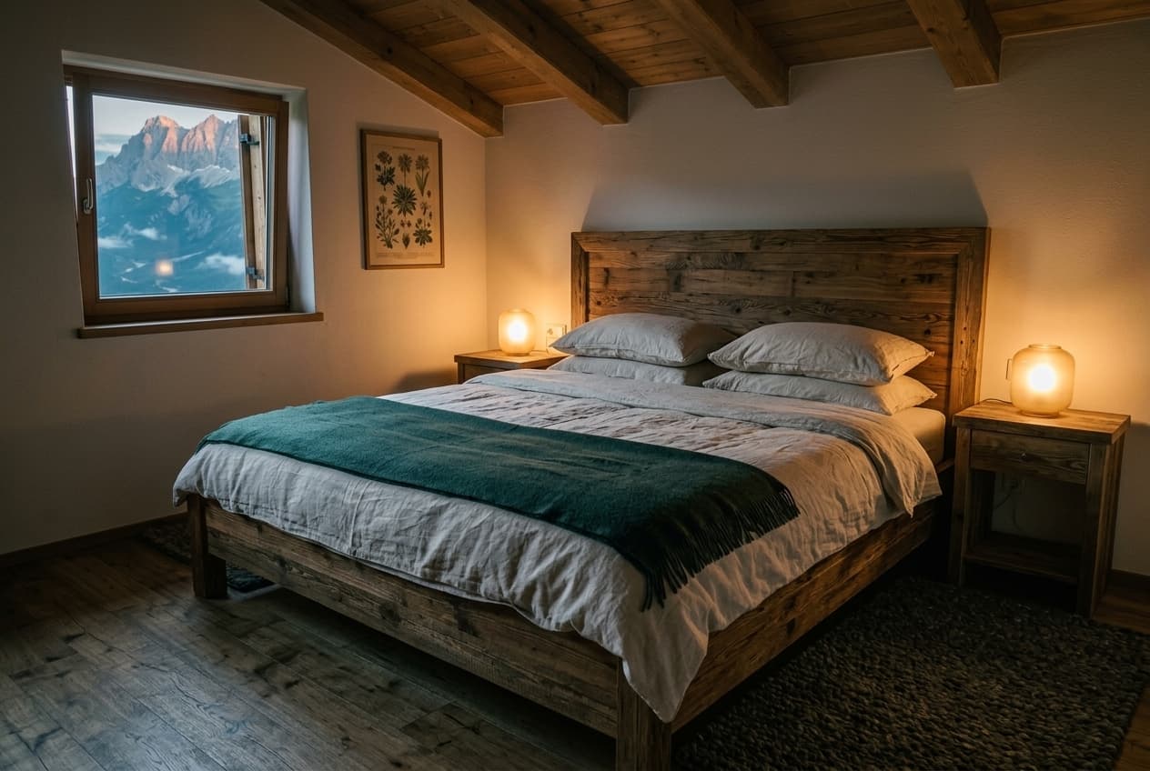Ruhiges Schlafzimmer mit Holzbett, Leinenbettwäsche und warmen Nachttischlampen