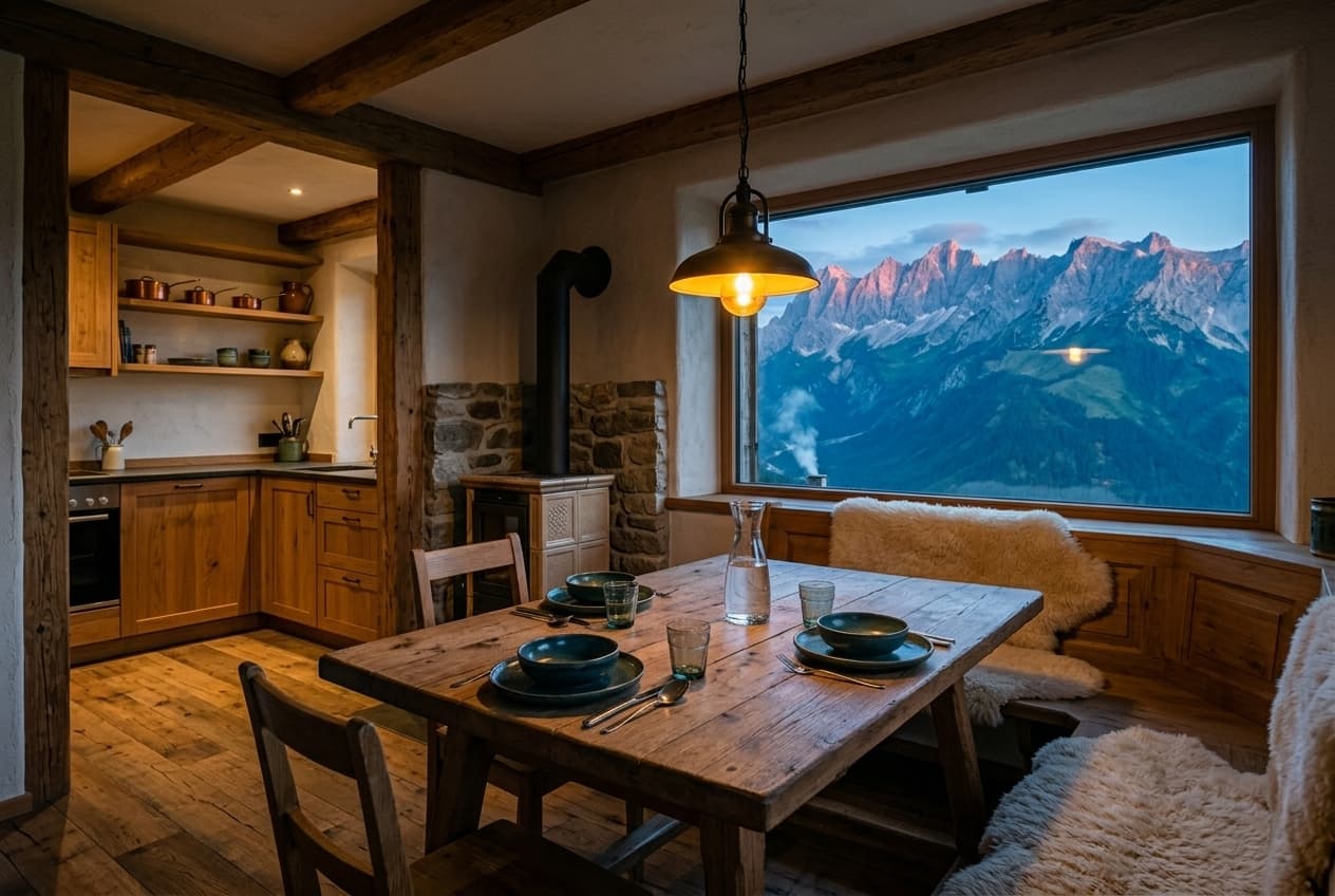 Essplatz mit Küchenzeile, warmer Pendelleuchte und Panoramafenster mit Alpenblick