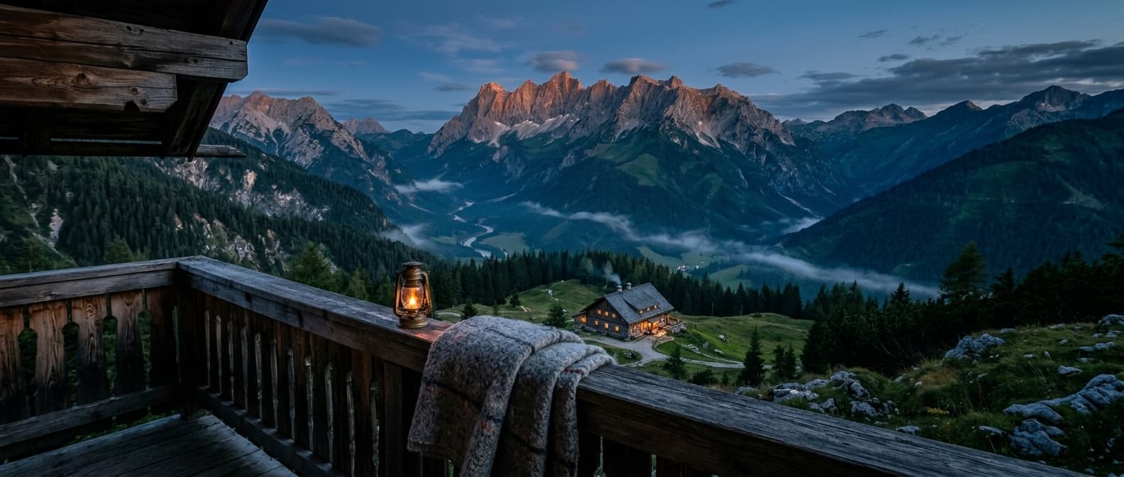 Blick vom Holzbalkon über ein Alpental in der blauen Stunde