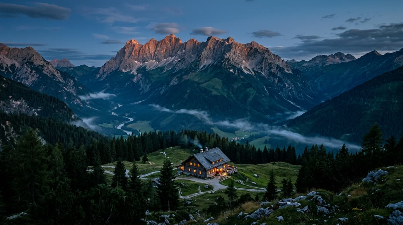 Alpental in der blauen Stunde: Alpenglühen auf den Gipfeln, ein Berghaus mit warm erleuchteten Fenstern