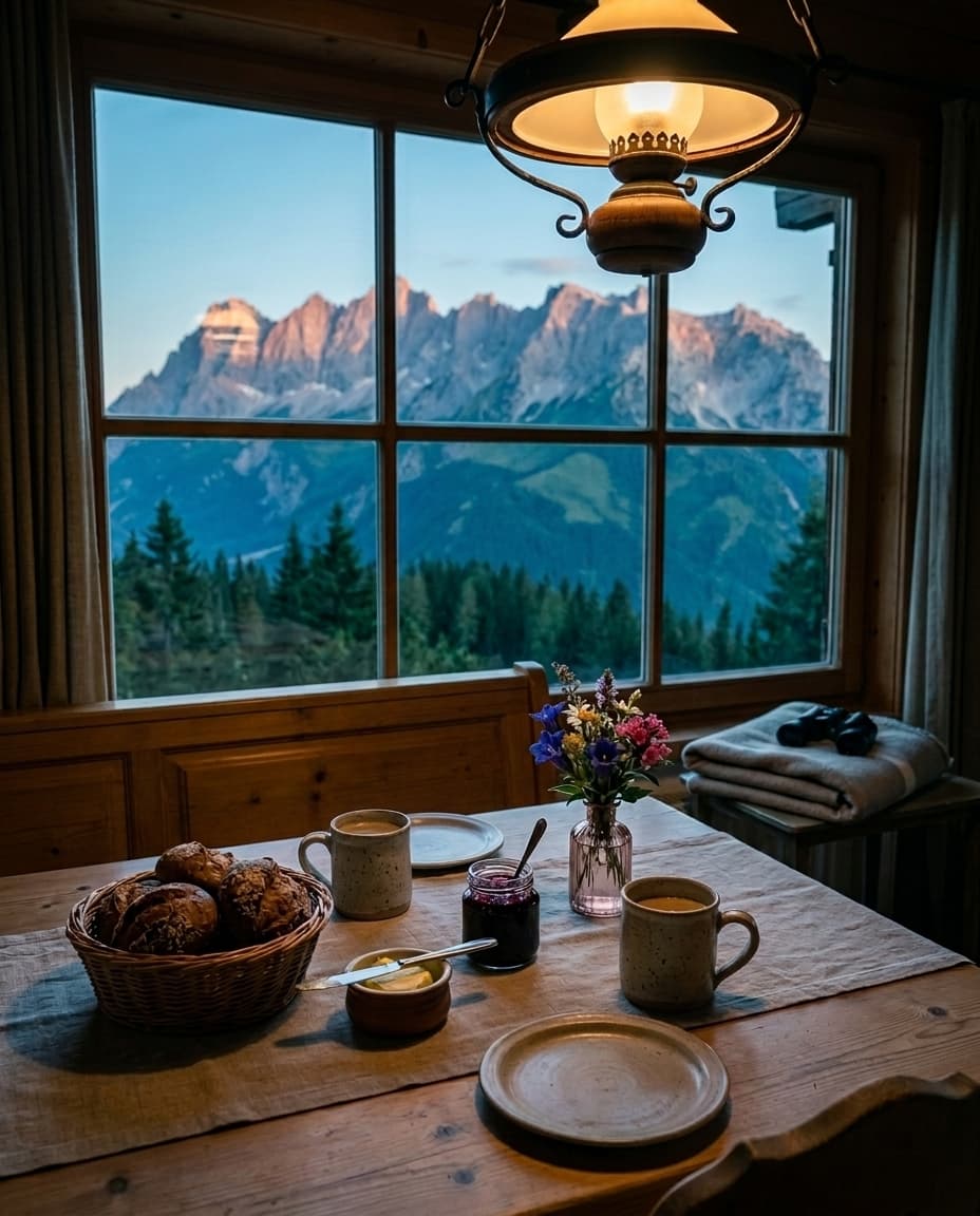 Gedeckter Frühstückstisch am Bergfenster in der Dämmerung